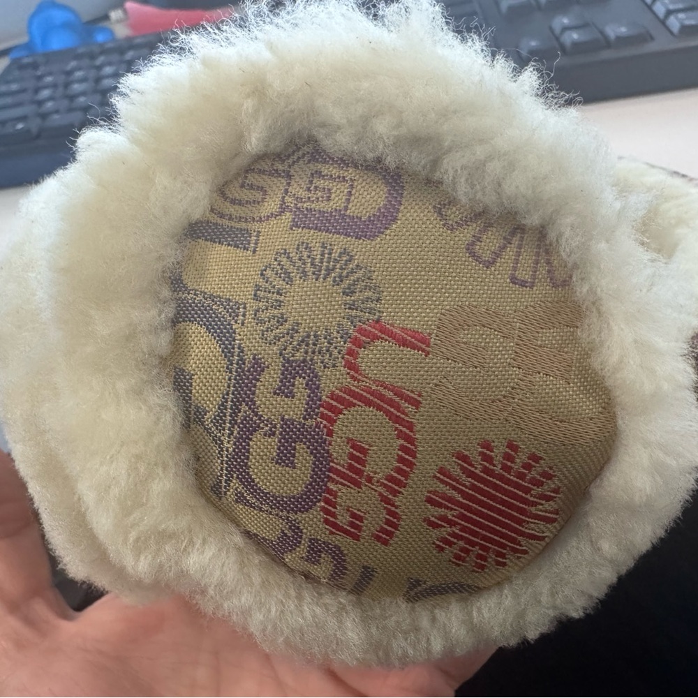 UGG Shearling Ear Muffs in Cream with Multicolor Logo Print
